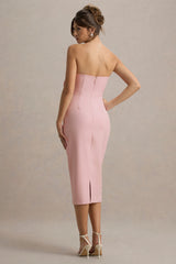 Phina | Pale Pink Bodycon Midi Dress With Large Floral Corsages