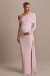 Amara | Blush Pink Asymmetric-Neck Maxi Dress With Sash Detail