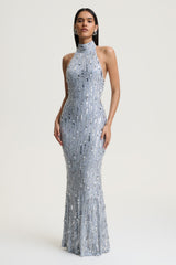 Zaira | Silver Sequin High-Neck Maxi Dress With Open-Back