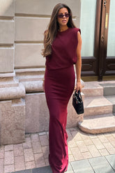 Meave | Burgundy Boat-Neck Maxi Dress With Draped Detail