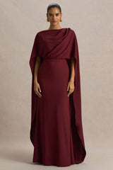 Pristina | Burgundy Boat-Neck Woven Maxi Dress With Cape Detail