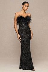 Daze | Black Sequin Bandeau Maxi Dress With Feather-Trim
