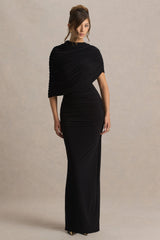Glitz | Black High-Neck Maxi Dress With Cape Sleeve and Ruched Detail