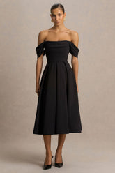Cosima | Black Bardot-Neck Midi Dress