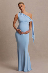 Orielle | Powder Blue Asymmetric-Neck Maternity Maxi Dress With Knot-Sleeve And Sash