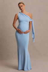 Orielle | Powder Blue Asymmetric-Neck Maternity Maxi Dress With Knot-Sleeve And Sash