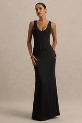 Morgan | Black Satin Corset Maxi Dress