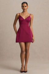 Elara | Burgundy Satin Plunge-Neck Mini Dress
