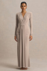 Flashy | Champagne Plunge-Neck Maxi Dress With Ruched Detailing