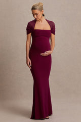 Dome | Burgundy Square-Neck Mesh-Sleeve Maternity Maxi Dress
