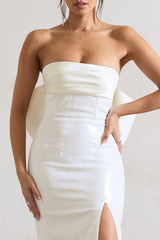 To You | White Sequin Bandeau Split Maxi Dress With Oversized Bow
