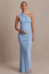 Darcie | Powder Blue Asymmetric-Neck Maternity Maxi Dress