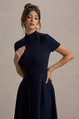 Bellona | Navy High-Neck High-Low Midi Dress