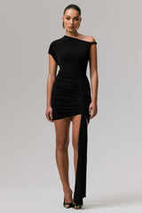 Marci | Black Asymmetric Ruched Mini Dress With Sash