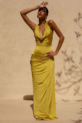 Mademoiselle | Yellow Cowl-Neck Maxi Dress With Draped Detailing