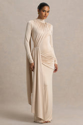 Romi | Champagne High-Neck Maxi Dress With Ruched Detailing