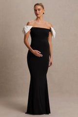 Didi | Black & White Bardot Bow Detail Maternity Maxi Dress