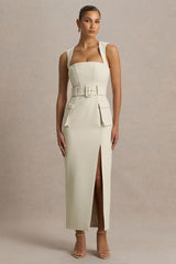 Sandra | Nude Square-Neck Tailored Maxi Dress With Front-High Split