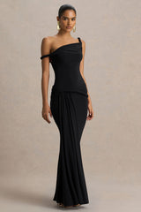 Tulisa | Black Asymmetric-Neck Maxi Dress With Twist Sleeves And Ruched Detailing