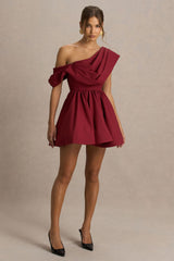 Verona | Burgundy Draped Asymmetric-Neck Skater Mini Dress
