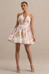 Kasey | Cream Floral Print Halter-Neck Mini Dress With Ruffle Detail
