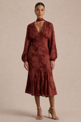 Sabina | Rust Devore Plunge-Neck Midi Dress