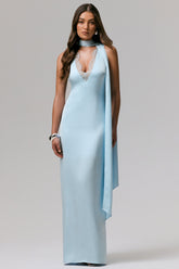 True Icon | Powder Blue Satin V-Neck Maxi Slip Dress With Sash
