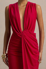 Serafina | Red Extreme-Plunge Maxi Dress With Ruched Detailing And Open-Back