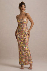 Vitora | Pastel Floral Print Embellished Sequin Square-Neck Maxi Dress