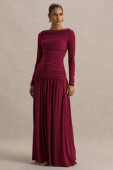Aniyah | Burgundy Slashed-Neck Maxi Dress With Ruched Detailing