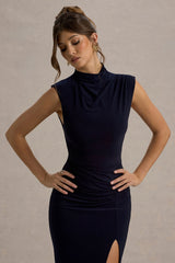 Lanetta | Navy Ruched High-Neck Maxi Dress With Split