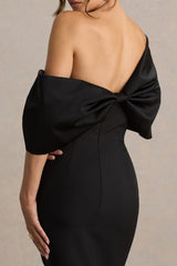 Lucille | Black Asymmetric Bardot Midi Dress With Bow Detail