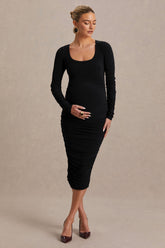 Saffron | Black Scoop-Neck Maternity Midi Dress