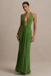 Hera | Green Extreme Plunge Maxi Dress With Ruched Detail