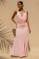 Meggie | Pink Plunge-Neck Twisted Maxi Dress With Chiffon Skirt