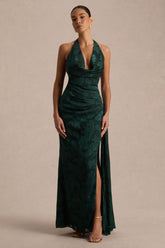 Talula | Dark Green Extreme Cowl-Neck Maxi Dress With Sash And Front-High Split