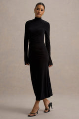 Cassandra | Black High-Neck Long-Sleeve Midi Dress