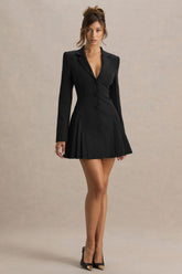 Blossoming | Black Plunge-Neck Tailored Mini Dress With Pleating