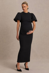 Luna | Black Crew-Neck Maternity Midi Dress With Puff-Sleeves