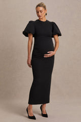 Luna | Black Crew-Neck Maternity Midi Dress With Puff-Sleeves