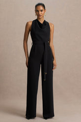Corina | Black Cowl-Neck Jumpsuit With Tie-Detail