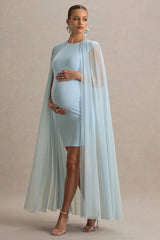 Charlene | Powder Blue High-Neck Maternity Mini Dress With Mesh Cape