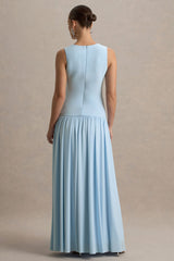 Outline | Powder Blue Crew-Neck Maternity Maxi Dress With Pleated Skirt