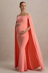 Radiance | Coral Bardot Maternity Maxi Dress With Cape