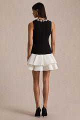 Nalani | Black And White Crew-Neck Mini Dress With Embellishment And Ruffled Detailing