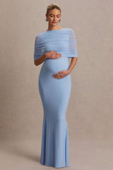 Zaria | Powder Blue Crew-Neck Maternity Maxi Dress With Cape-Overlay