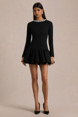 My Wish | Black Embellished Crew-Neck Mini Dress With Drop-Waist