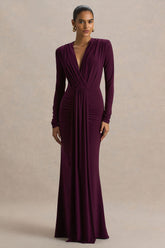 Flashy | Burgundy Plunge-Neck Maxi Dress With Ruched Detailing