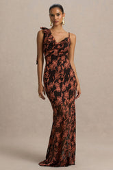 Mar | Black And Rust Cowl-Neck Maxi Dress With Bow Detail