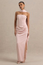 Joseline | Pale Pink Satin Corset Wrap Maxi Dress With Scarf
